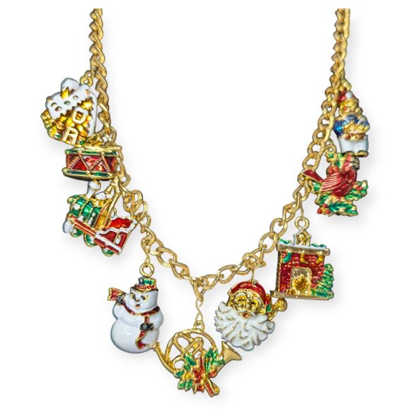 Christmas Gold Tone & Enameled Christmas Charm Necklace 13.5" Long - Picture 1 of 15